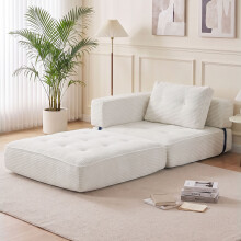 White Corduroy Convertible Floor Sofa Bed, Modular Sleeper Sofa with Tufted Cushion