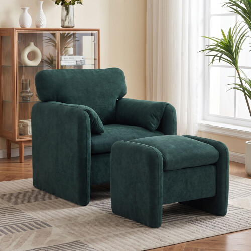 Modern Green Chenille Accent Armchair with Matching Footstool 1
