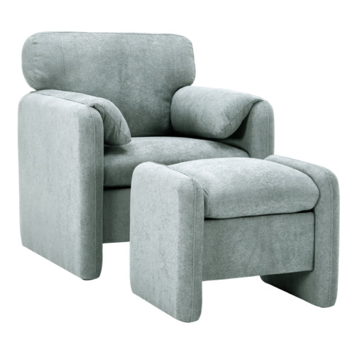 Modern Grey Chenille Accent Armchair with Matching Footstool 2