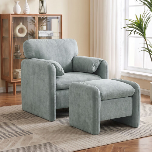 Modern Grey Chenille Accent Armchair with Matching Footstool 1