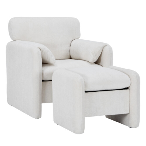 Modern White Chenille Accent Armchair with Matching Footstool 2