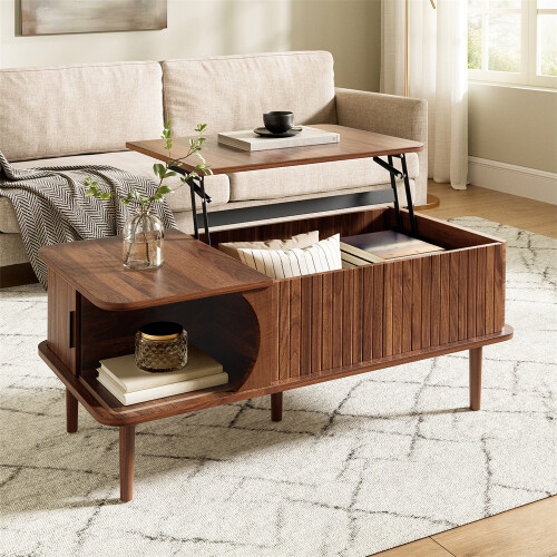 Walnut Coffee Table with Vertical Fluting&Lift-Top