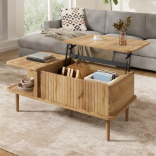 Natural Coffee Table - Vertical Grooves & Lift-Top