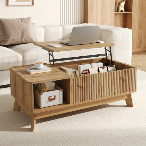 Lift-Top Coffee Table with 3D Wave Design, MDF