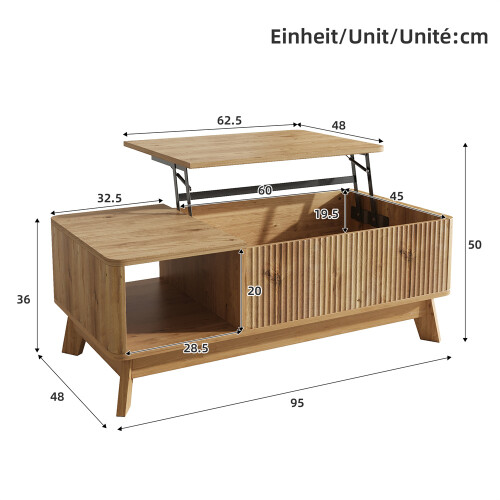 Lift-Top Coffee Table with 3D Wave Design, MDF 1