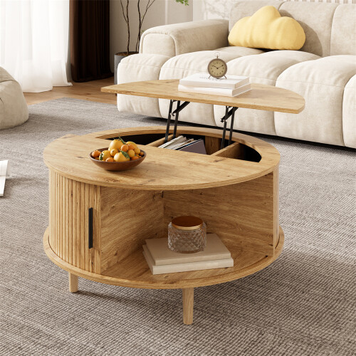 Round Lift-Top Coffee Table with Sliding Door, MDF
