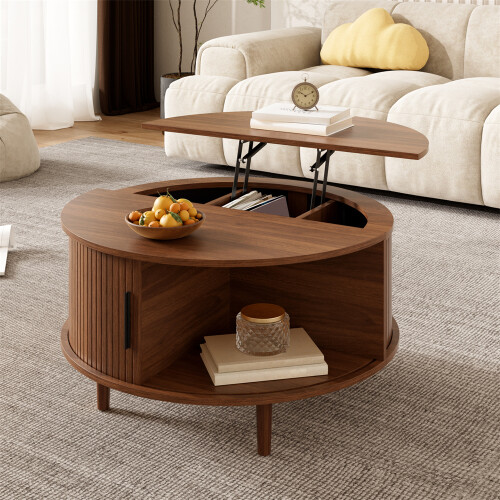 Round Lift-Top Coffee Table with Sliding Door, MDF