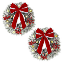 2 verlichte kerstkransen, 33 cm (13 inch) mini-kerstkrans met rode strik, dennennaaldenkrans