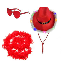 3pieces Christmas LED Cowboy Hat Heart Sunglasses with Feather Scarf Windproof Adult Cowboy Hat Top Hat for Party