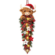 Verlichte kerstslinger met Schotse hooglandkoe en bessenmotief – LED-verlichting, geruit lint – voor de voordeur