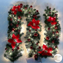 LED-kerstslinger met rode ballen en bloemen voor de voordeur, 270 cm decoratieve krans met lampjes