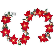 3 meter lange verlichte kerststerrenslinger met rode bessen en hulstbladeren, voorverlichte fluwelen kunstmatige kerststerrenslinger voor