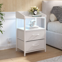 Modern White Bedside Table Nightstand w/ LED Strip Light, Socket & USB Ports, 2 Fabric Drawers