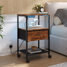 Rustic Brown Mobile Bedside Table Nightstand w/ LED Strip Light, Socket & USB Ports, Storage Drawer