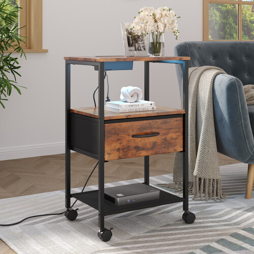 Rustic Brown Mobile Bedside Table Nightstand w/ LED Strip Light, Socket & USB Ports, Storage Drawer 1