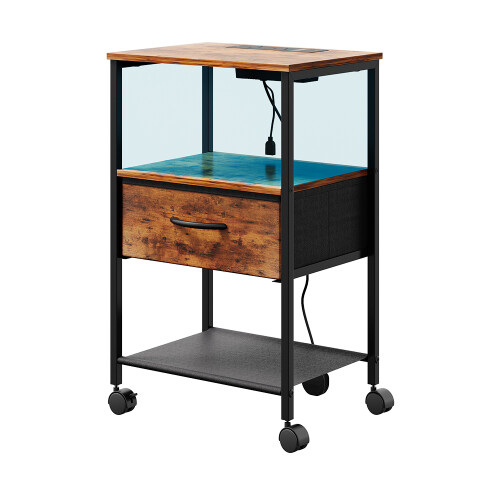 Rustic Brown Mobile Bedside Table Nightstand w/ LED Strip Light, Socket & USB Ports, Storage Drawer 2