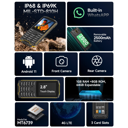Ulefone Armor Mini 5 Rugged Feature Phone with WhatsApp,2.8'' Touch Screen,2500mAh 1