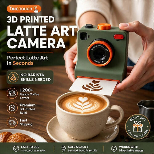 3D Printed Latte Art Camera that Prints on Coffee One-Click Stencil Tool, Reusable Coffee Art Tool with Pattern Cards 1