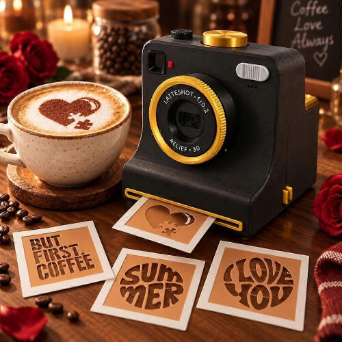 3D Printed Latte Art Camera that Prints on Coffee One-Click Stencil Tool, Reusable Coffee Art Tool with Pattern Cards