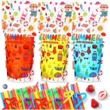 100 Pcs Clear Reclosable Drink Pouches with Straws - Stand-Up Translucent Plastic Containers for Cold & Hot Beverages, 16oz Capacity, 5"x9" Size Ora