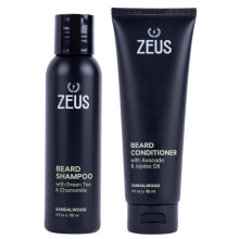Set di Lavaggio Barba ZEUS in Sandalo per Uomini, Shampoo & Balsamo con Tè Verde