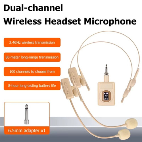 2.4GHz Wireless Headset Microphone with 100 Channels Auto Connect for Teaching Tour Guide Speech Singing Recharge 2 Mic 2