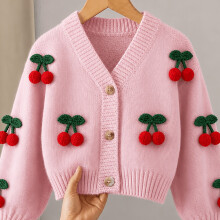 (A, 11-12Y) Girls' Knitted Cardigan, Cherry Decoration, Loose Dropped Shoulder Sleeves, Fashionable