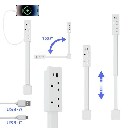 Power Outlet Extender with USB-A USB-C and 2 AC Outlets 180 Rotatable Extends