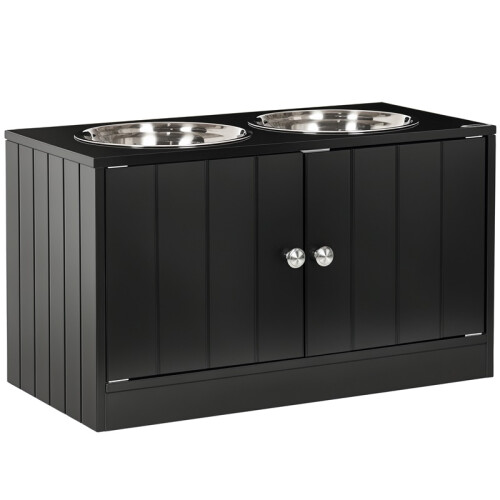 Raised Pet Feeder, with Two Bowls, Storage - Black