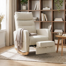 HOMCOM Upholstered Rocking Chair with Retractable Footrest, High Back Cream White