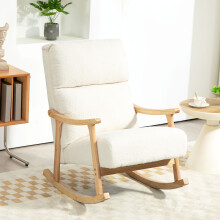 Upholstered Rocking Chair, Teddy Fleece, High Back, Armrests, Cream White