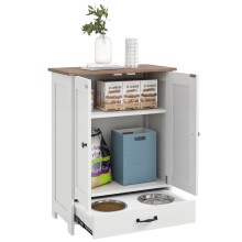 Pet Feeding Station with Raised Dog Bowls, Adjustable Panel, Hooks, White