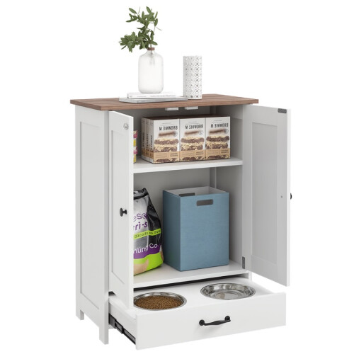 Pet Feeding Station with Raised Dog Bowls, Adjustable Panel, Hooks, White