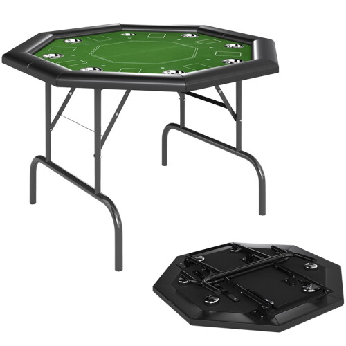 8 Player Folding Poker Table, Portable Octagon Blackjack Table with Cup Holders, Padded Edge, Green 1