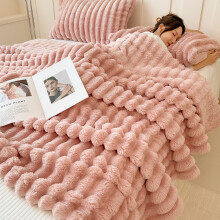 (Pink, 226x274cm) Thick Warm Wide Striped Flannel Blanket Solid Color Soft Fluffy Plush Throws for Sofa Bed Office Travel Multifunctional