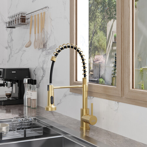 Gold Pull Down Kitchen Faucet - 304 Stainless Steel Spring Design with WRAS, 43cm