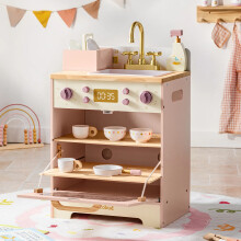Robud speelkeuken, hoekset van 4 in 1, roze, inclusief oven koelkast en wasmachine met 30 accessoires