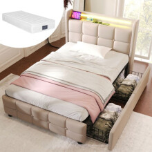 Lit - MUVOE - 90x200 cm - Beige - Päätuki, jossa USB - LED-valaistus - 2 pöytälaatikkoa