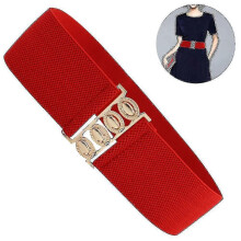 (Red) Wide Elastic Waist Cinch Stretch Waistband Retro Clasp Buckle Belt