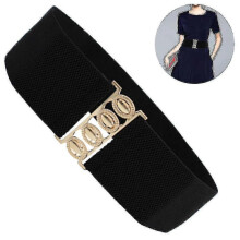 (Black) Wide Elastic Waist Cinch Stretch Waistband Retro Clasp Buckle Belt