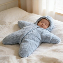 (Blue, 6M) Baby Winter Thick Swaddle Blanket Newborn Outing Anti-Startle Cocoon Lambswool Starfish Sleeping Bag with Removable Sleeves, Warm and Cozy