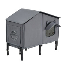 Verhoogd kattenhuis - DUOKU - PGM06 - Verwarmd kussen 34 W - Dubbele deur met winddichte gordijn - Maximaal gewicht 11 kg