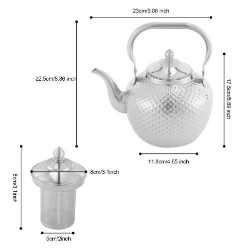 2L Stainless Steel Teapot, Hammered Tea Kettle with Filter 2
