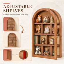 10" X 17" Wooden Shadow Box with Acrylic Door, Arch Wall Mounted Display Case with Shelves, Brown Curio Trinket Shelf