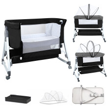 Babybed, 2-in-1 co-dodo bed, zwart, inklapbaar met wielen, 6 verstelbare hoogtes, 80 x 40 x 100-116 cm