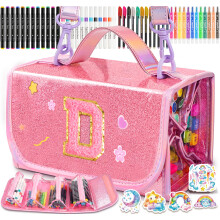 SHXWELL 69 PCS Initial Washable Scented Markers Set with Glitte Pencil Case Shoulder Strap, Personalized Art Supplies and Crafts for Kids Ages 4-6-8,