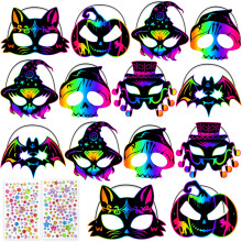 Zenoble 72 PCS Halloween Crafts Scratch Masks for Kids Halloween Games Scratch Art and Craft Kit DIY Rainbow Magic Scratch Paper Mask for Cosplay Dec