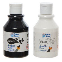Baker Ross FN515 Black & White Acrylic Paint Pack - Pack of 4 Bottles, 150ml, Gloss Finish, Waterproof, Wood Canvas Painting