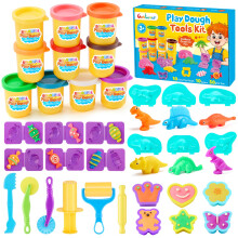 Contever Play Dough Tools Kit for Kids, 10 x 50g Non-Toxic Colorful Dough, Dinosaur & Candy Molds, Extruder & Dough Cutting Tools, Creative Modelling