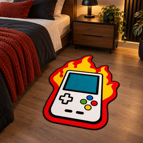 (70*100cm) 1pc Retro Handheld Flame Pattern Irregular Carpet, Red And Yellow Flame Game Console Shaped Creative Floor Mat, Trendy